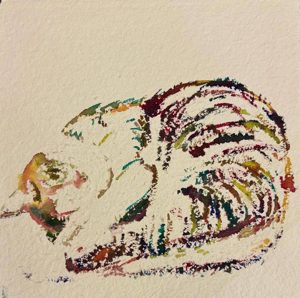 Satoko IWASAKAの絵画作品。色とりどりの線で描かれた生きもの